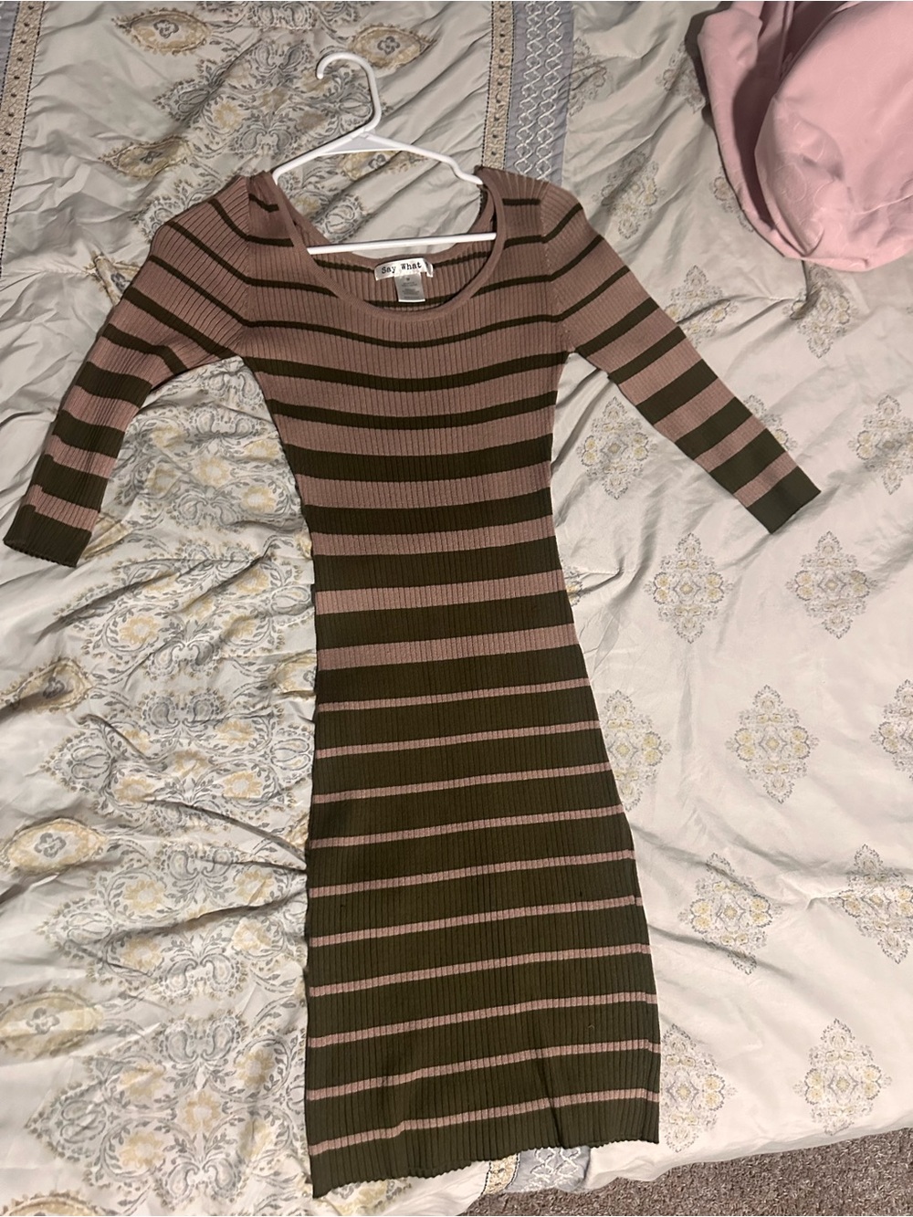 Ribbed Striped Midi Dress in Mauve and Olive